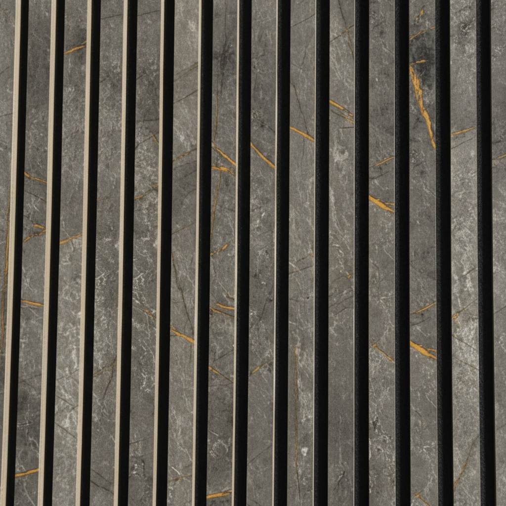 Close-up detail of Churchill Panels Black and Gold Marble slat wood panel showing the realistic marble grain texture and premium acoustic felt backing.