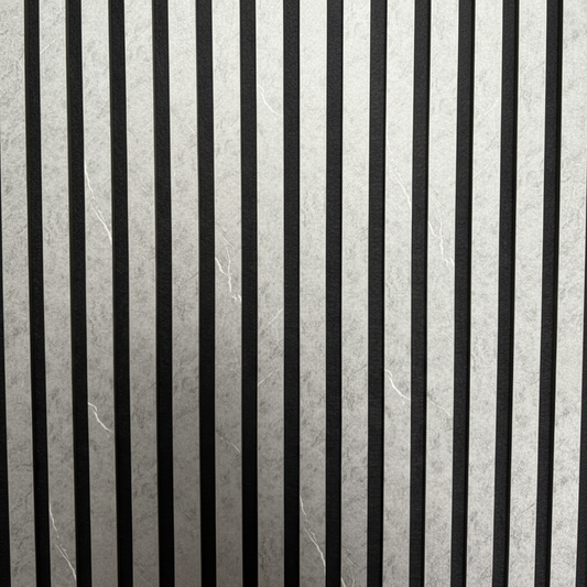 Close-up detail of Churchill Panels Grey Marble slat wood panel showcasing the realistic stone texture, grey veining, and premium acoustic backing.