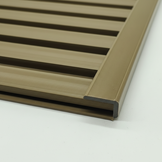 A flawless architectural finish featuring a Khaki trim installed on a matching horizontal slat wall panel for seamless corner protection.