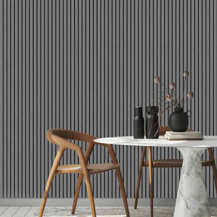 Modern dining room interior featuring a Light Grey acoustic slat wall panel feature wall for a sophisticated architectural backdrop.