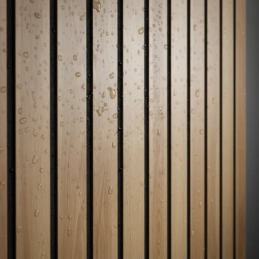 Close-up texture of waterproof oak wood grain PVC slat panel with water droplets, demonstrating moisture resistance for bathroom and shower walls.