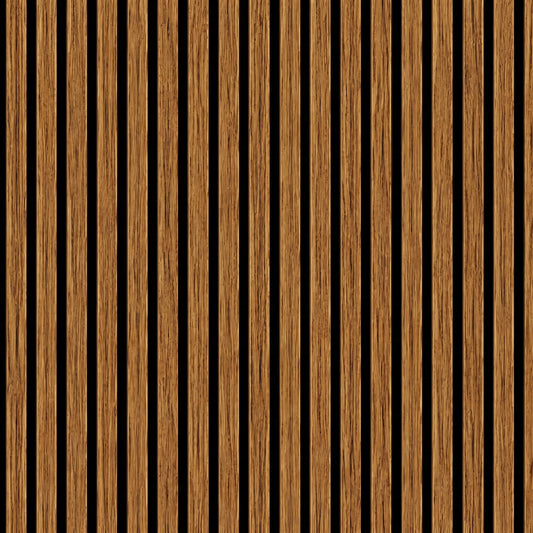 Close-up texture of a teak oak acoustic wall panel showing clean linear HDF slats and black felt grooves.