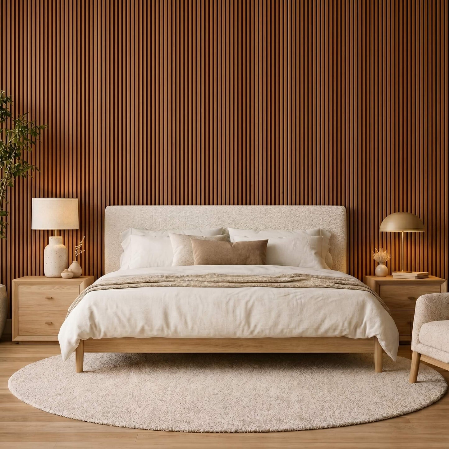 Premium bedroom interior with a full-height teak oak slatted acoustic feature wall behind a minimalist bed.