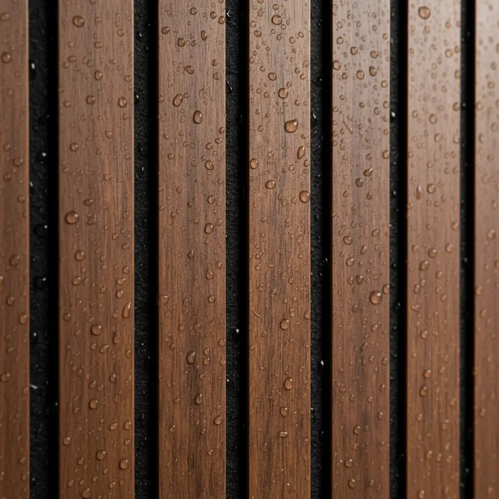 Detailed close-up of a luxury finish walnut PVC slat panel with water droplets, highlighting the rich wood grain texture and water-repellent surface.