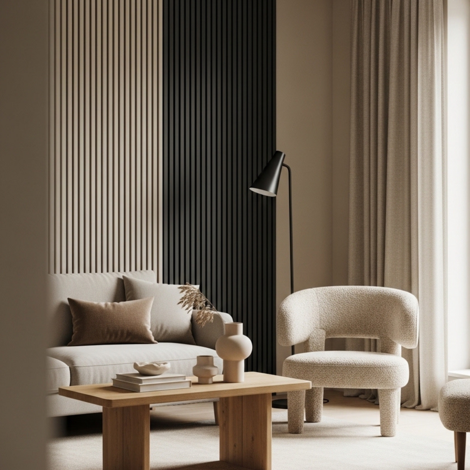 Modern living room featuring Churchill Grey acoustic slat wood wall panels behind a light-colored sofa, creating a minimalist and neutral interior design