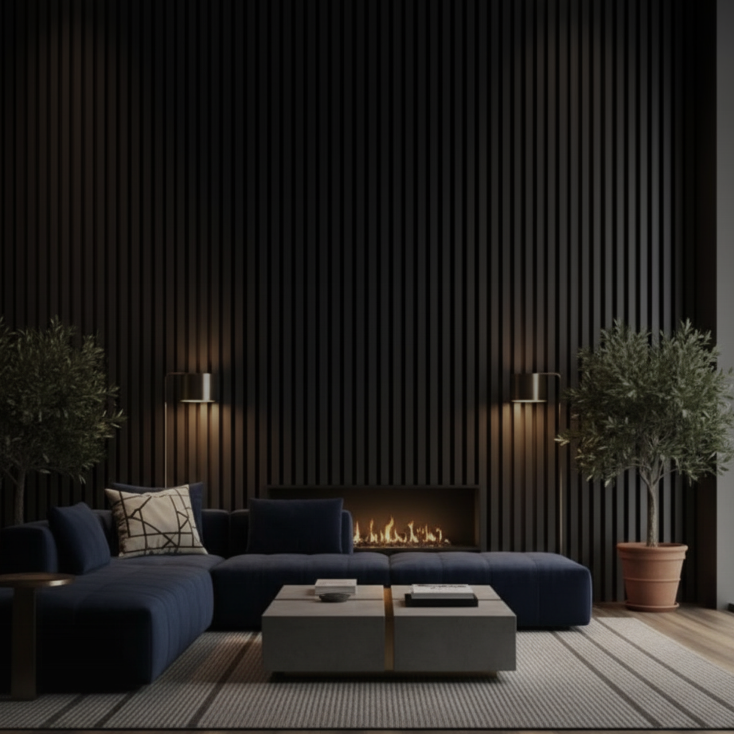 Award-winning interior design featuring Churchill's bestselling acoustic slat wood wall panels in a luxury modern lounge with architectural lighting.