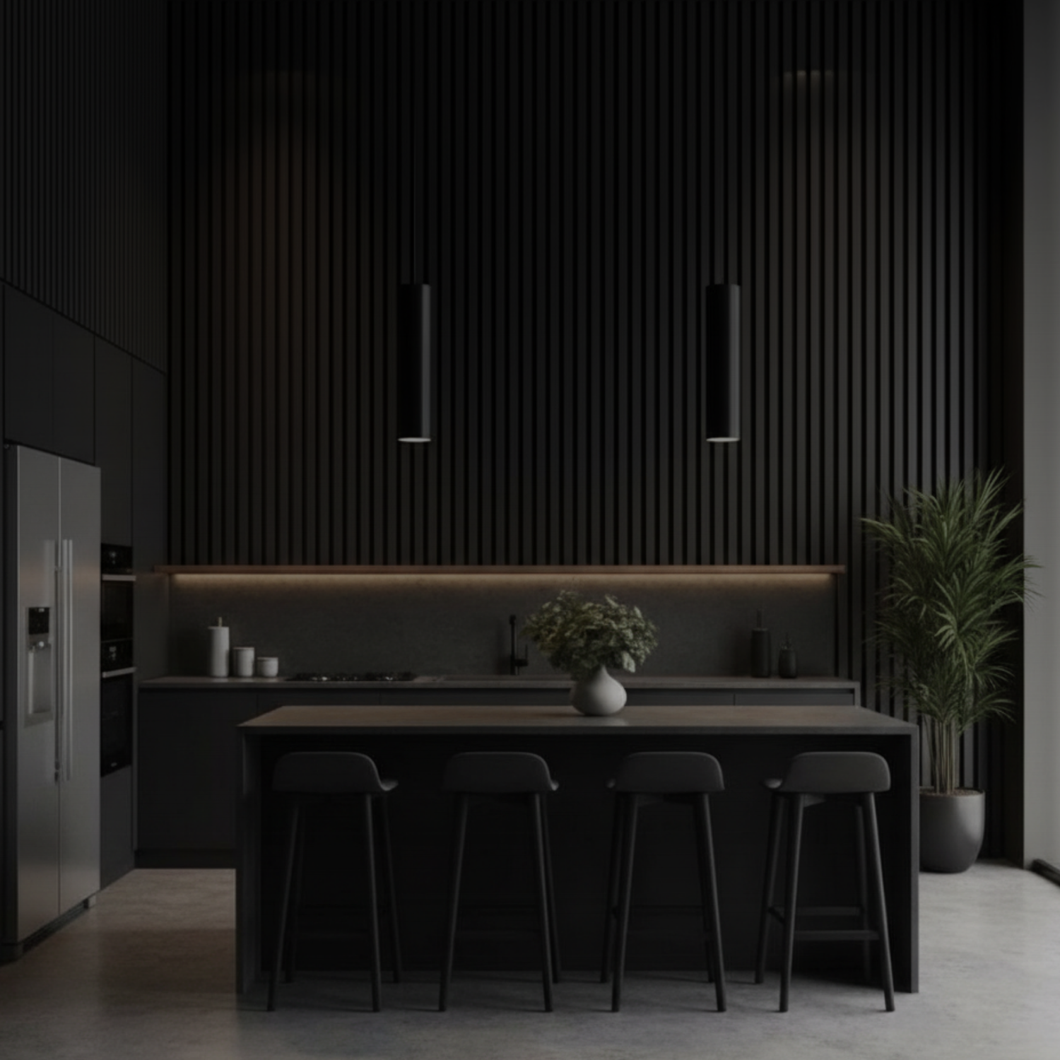 Ultra-modern dining area featuring Churchill Black acoustic slat wood wall panels, creating a bold architectural feature wall with high-contrast depth and sophisticated lighting.