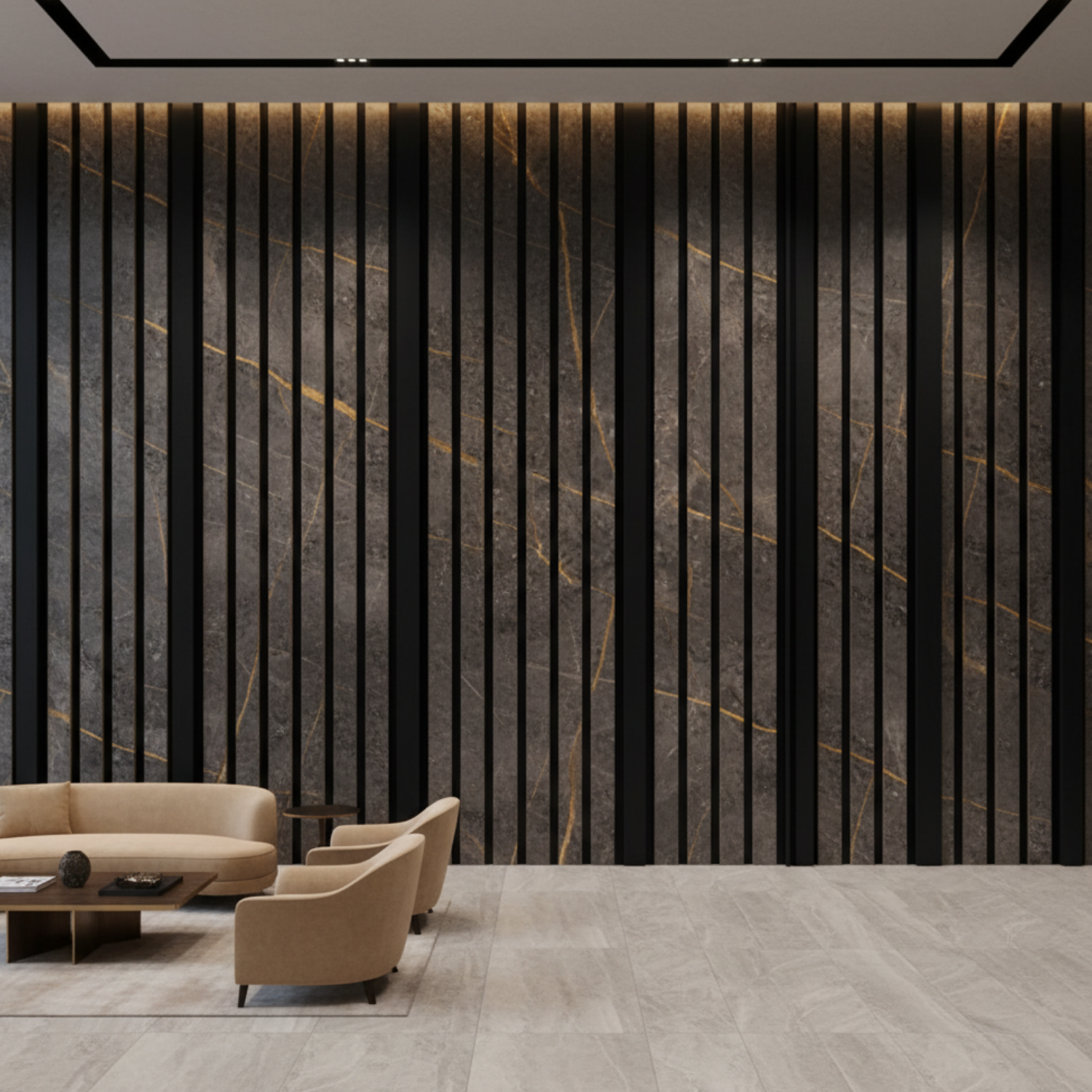 Grand interior lounge featuring Churchill Black and Gold statement acoustic wall panels, showcasing a luxury designer feature wall with premium architectural lighting.