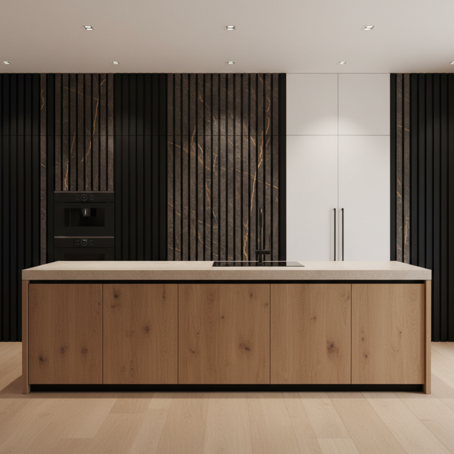 "Luxury kitchen interior featuring Churchill acoustic slat wood panels on a modern island, creating a warm and sophisticated dining atmosphere with professional sound absorption.