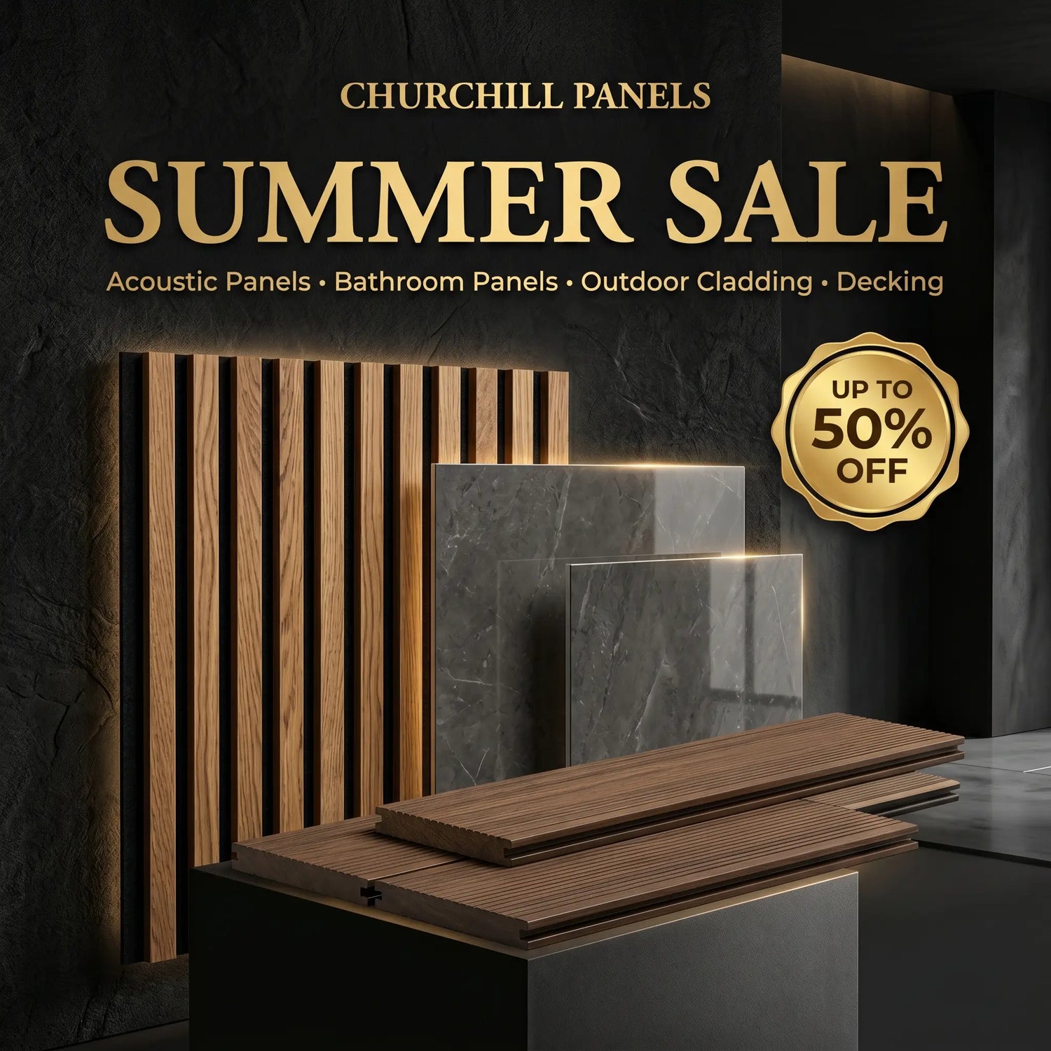 A curated product collection card by Churchill Panels showcasing acoustic timber slatted wall panels, grey marble bathroom cladding, and premium outdoor decking options highlighted with a gold summer sale emblem.