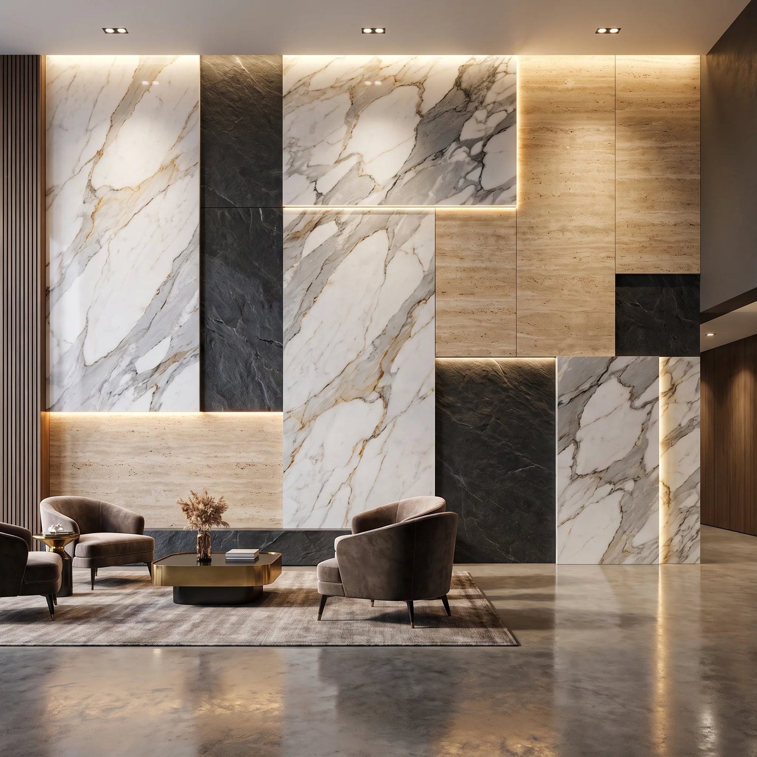 Decorative wall boards featuring marble-effect and stone-inspired finishes for luxury feature walls and contemporary interior spaces.