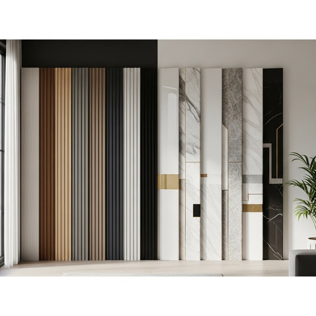 Interior wall panels and PVC wall panels collection displaying wood texture slat panels and decorative PVC designs in various colors and finishes