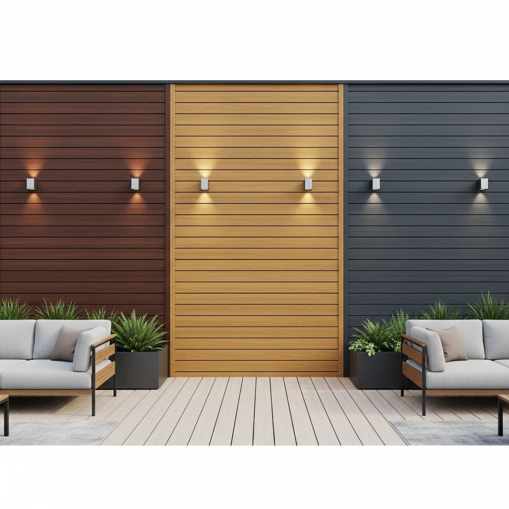 Outdoor wall cladding panels collection featuring charcoal grey, teak oak, and dark walnut horizontal slat designs in a modern patio setting