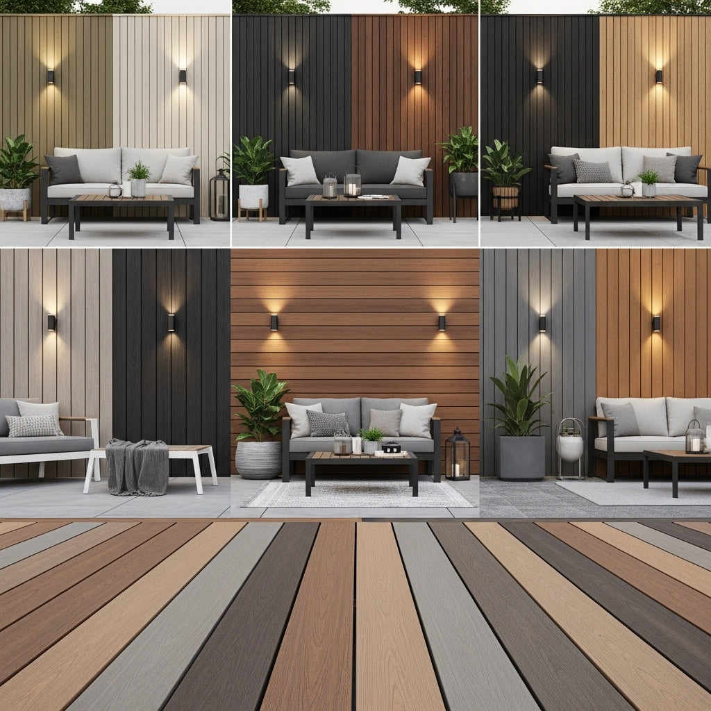 Composite decking, outdoor wall panels and cladding in multiple colors installed in a luxury patio setting with modern furniture and lighting