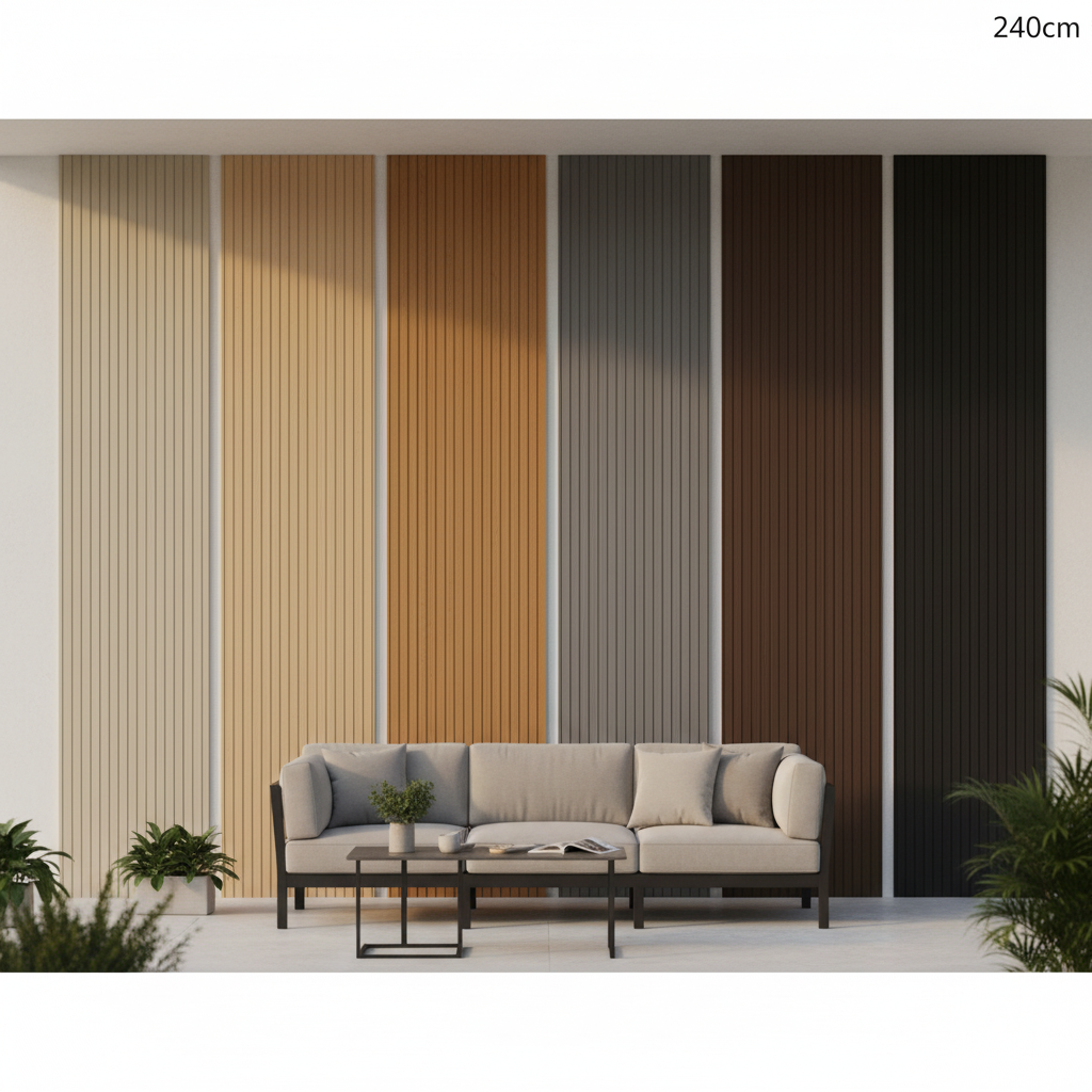 Outdoor wall panels 240cm displayed on modern wall in six colours including khaki oak light brown dark brown grey and black
