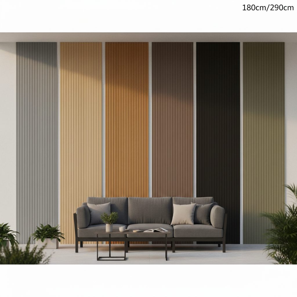 A collection of luxury outdoor spaces featuring 240cm composite wall panels in Black, Dark Brown, Grey, Khaki, and Oak, showcasing architectural cladding on garden feature walls and residential facades.