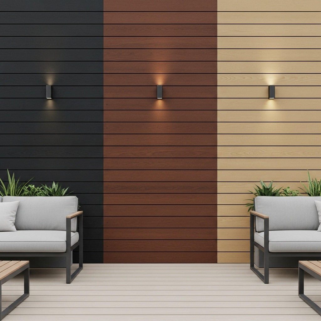 A luxury garden patio featuring Churchill Panels composite decking and integrated outdoor lighting.