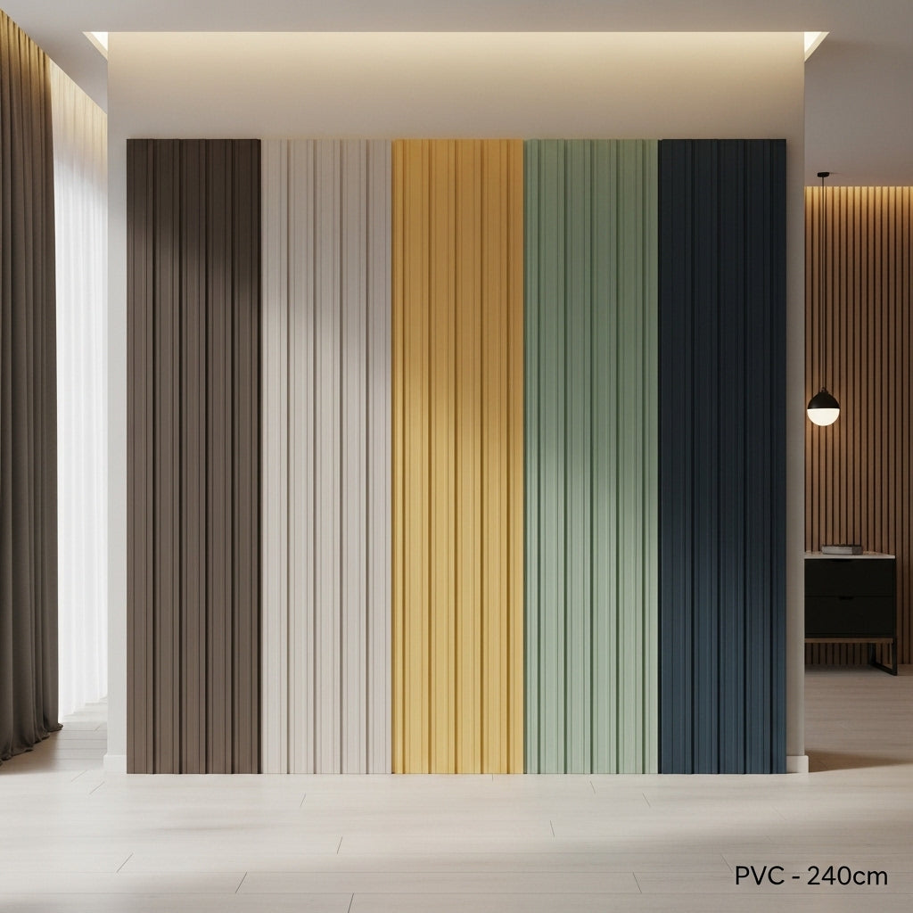 PVC wall panel collection 240cm with multiple colors displayed on modern indoor wall in vertical slat design