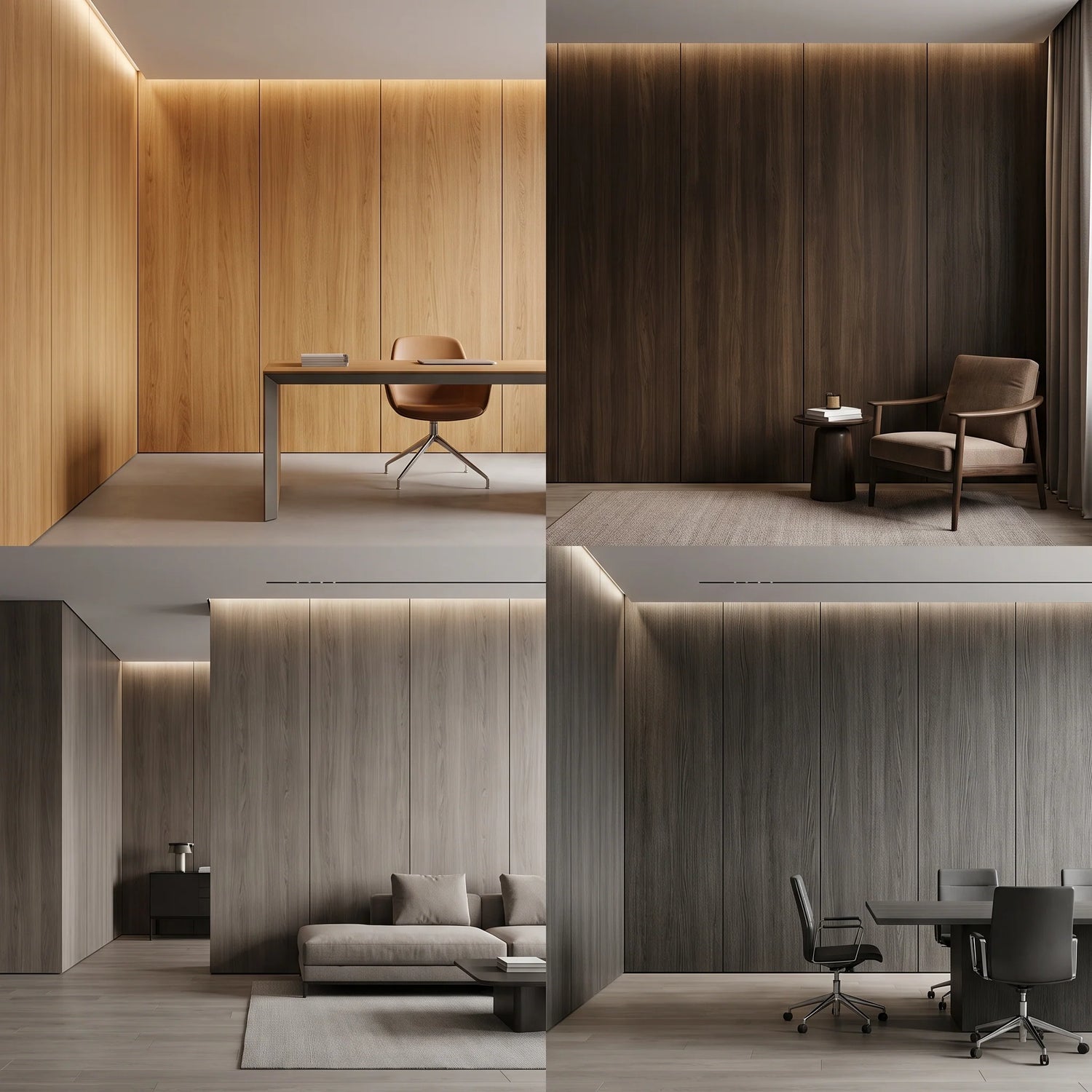 Wood effect PVC wall boards with realistic oak and grey timber-inspired finishes for feature walls and interior wall cladding.