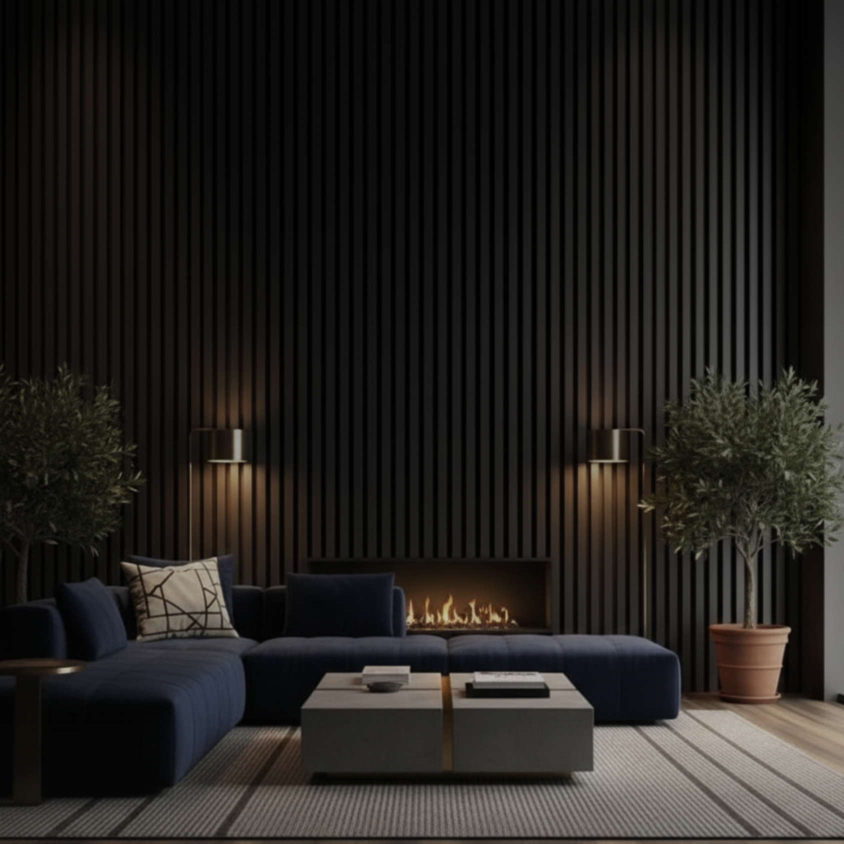 Modern living room featuring oak acoustic slat wall panels