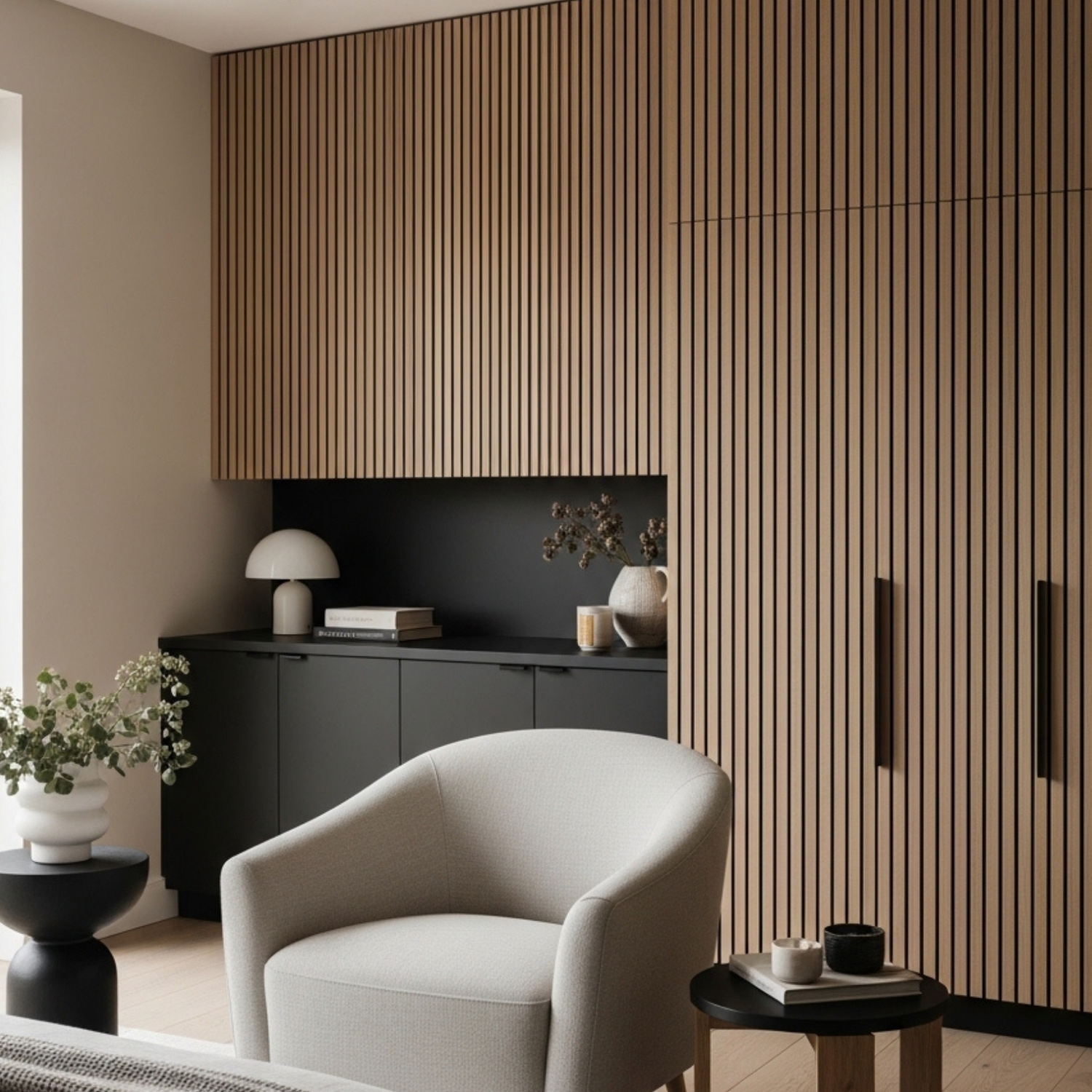 Churchill Panels: Natural Oak real wood veneer acoustic slat wall panel finish.