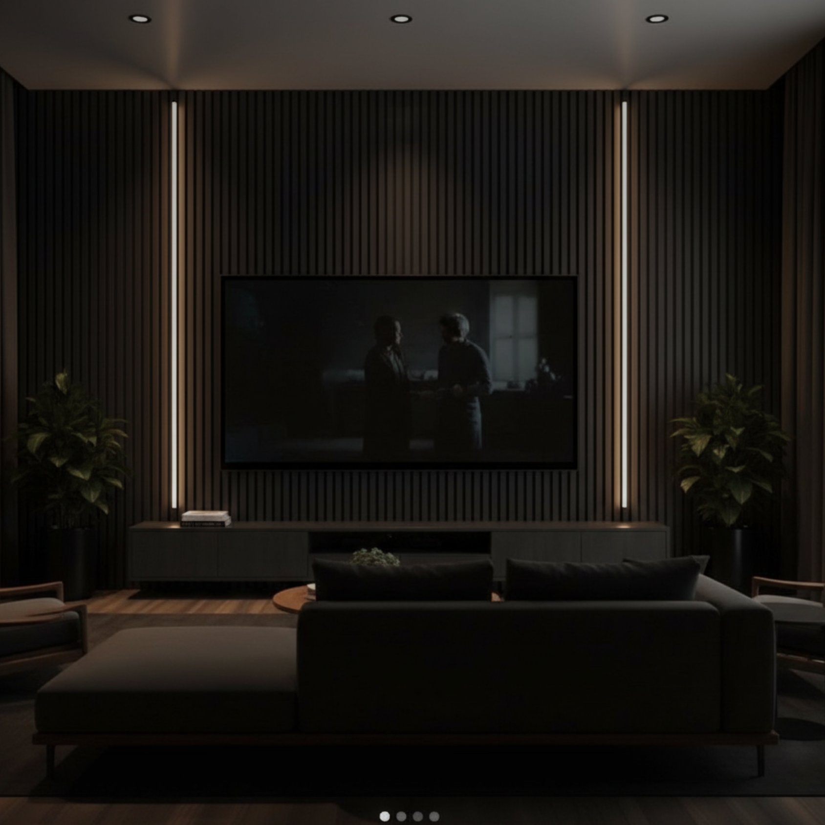 Professional media wall setup with sound-absorbing wood panels.