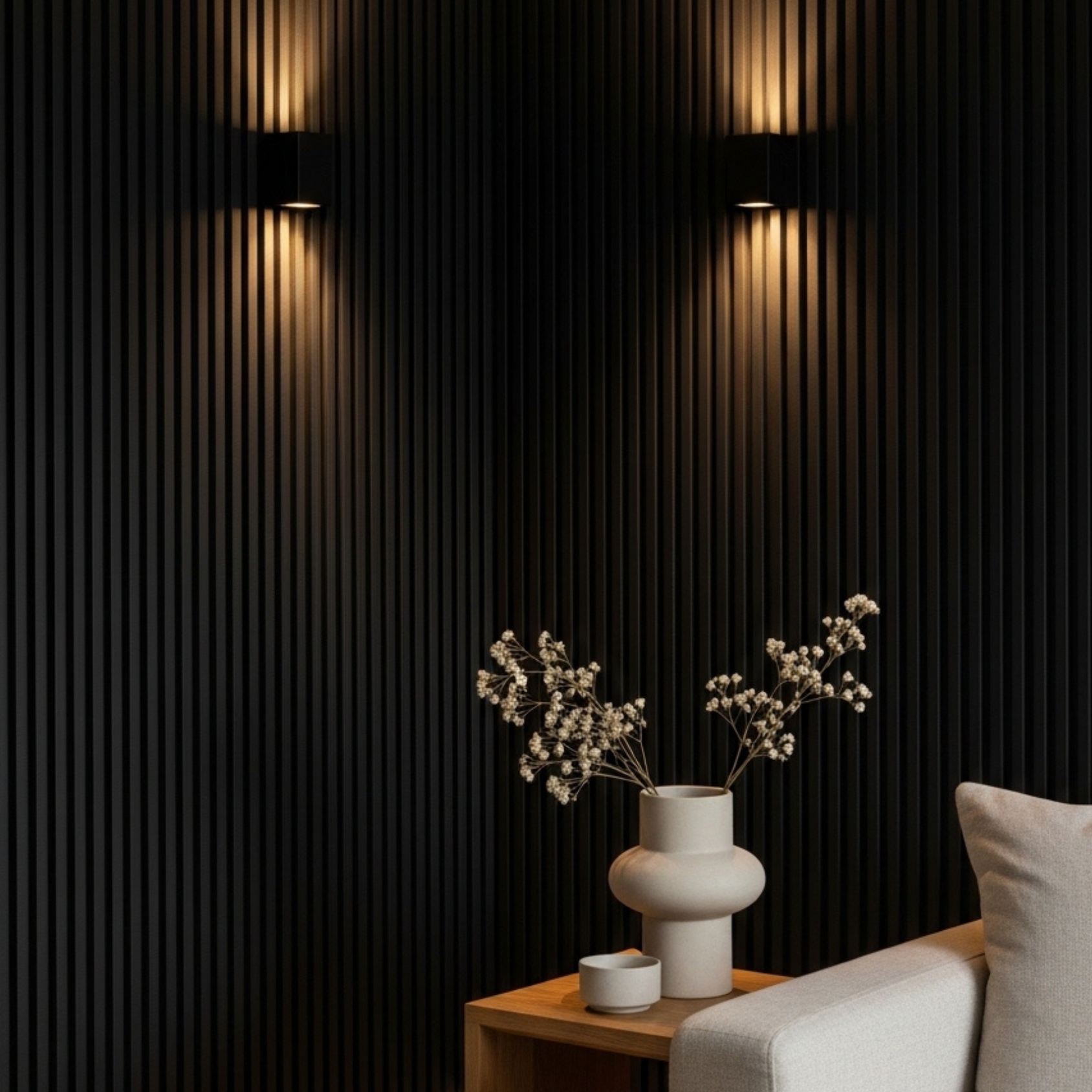 Churchill Panels: Modern Black matte acoustic slat panel for home cinema walls.