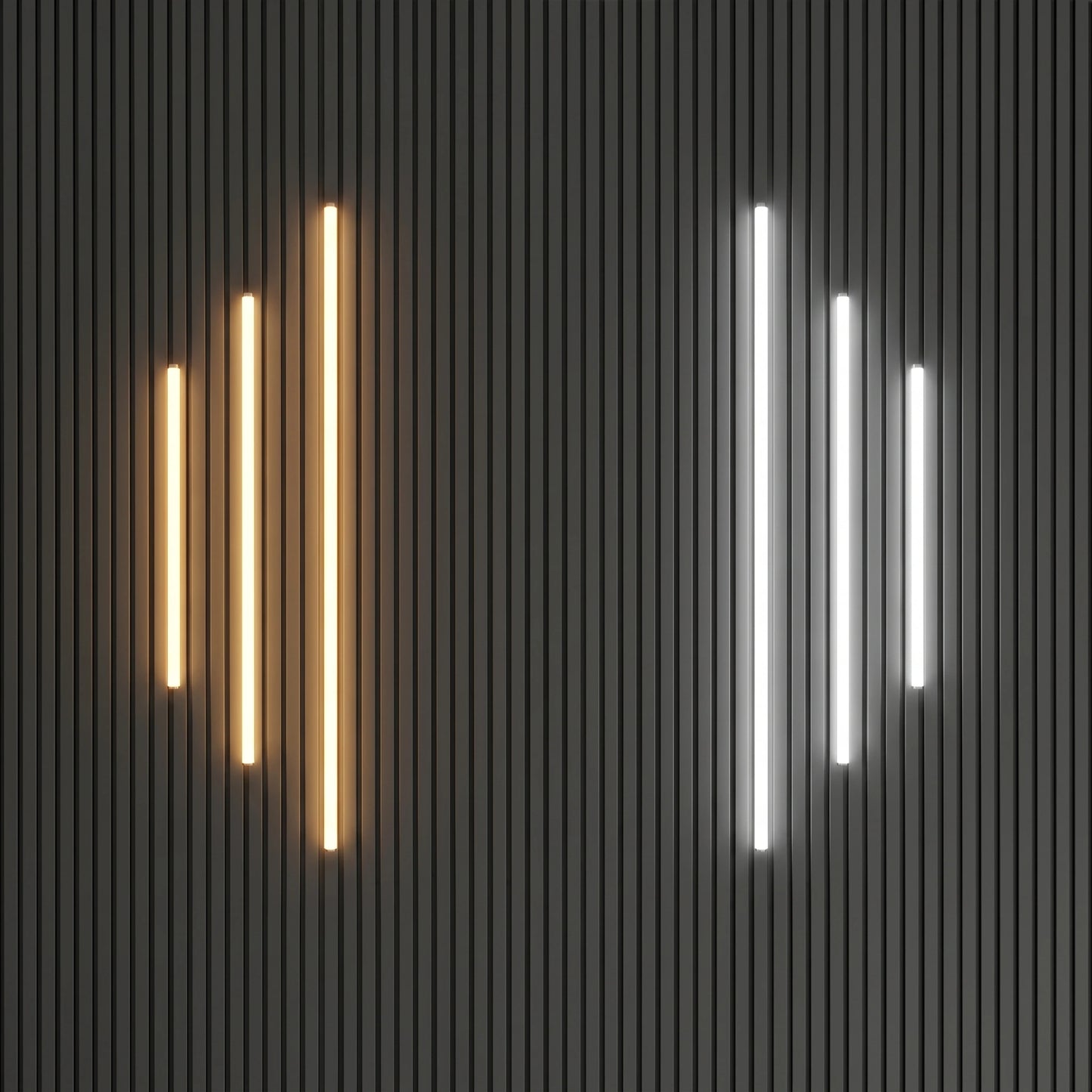 Premium ambient LED lighting kit for acoustic slat wall panels, displaying warm gold and crisp white hidden light strips illuminating vertically against a modern black wood panel feature wall.