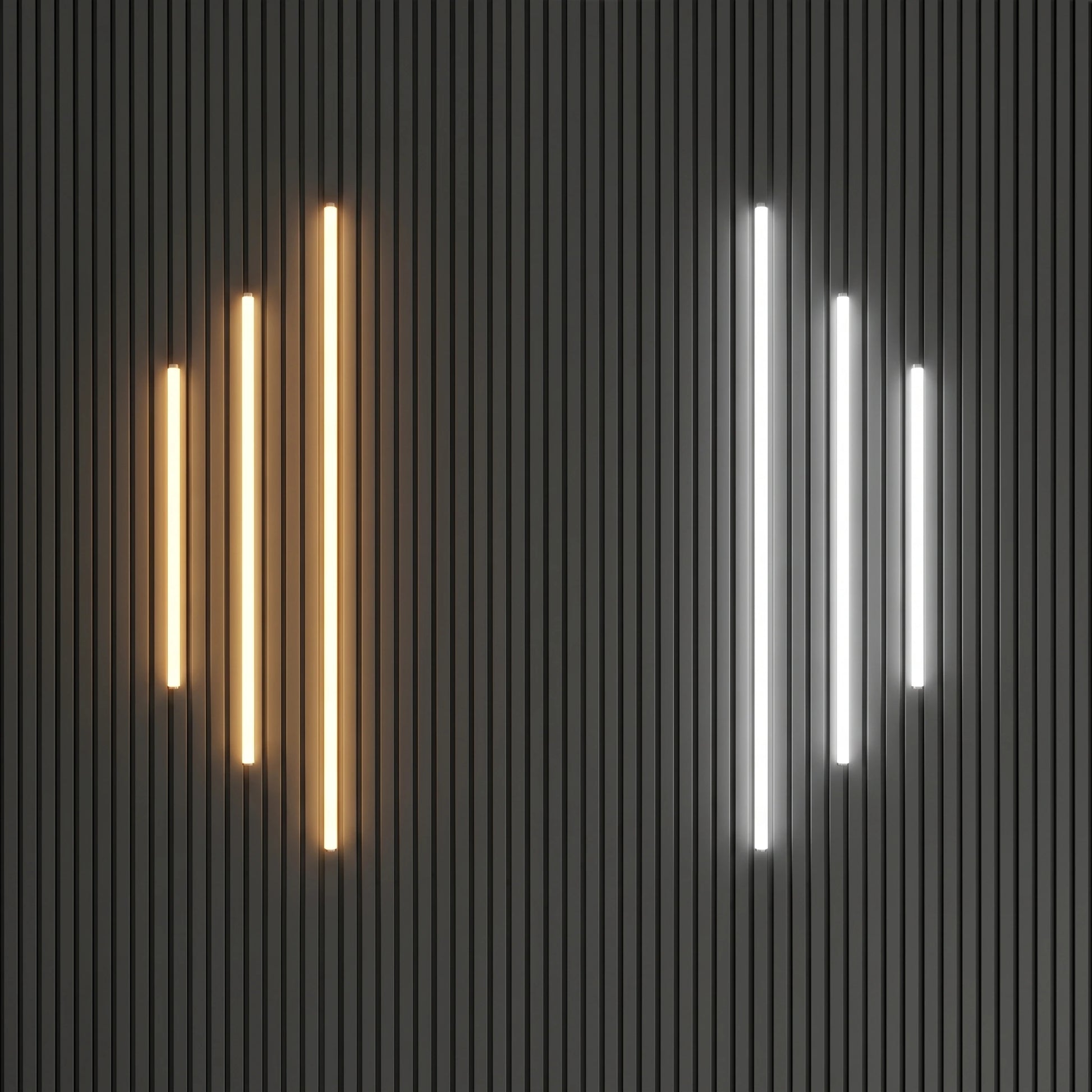 Premium ambient LED lighting kit for acoustic slat wall panels, displaying warm gold and crisp white hidden light strips illuminating vertically against a modern black wood panel feature wall.