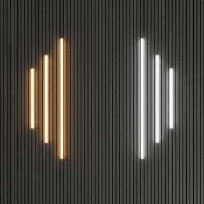 Premium ambient LED lighting kit for acoustic slat wall panels, displaying warm gold and crisp white hidden light strips illuminating vertically against a modern black wood panel feature wall.