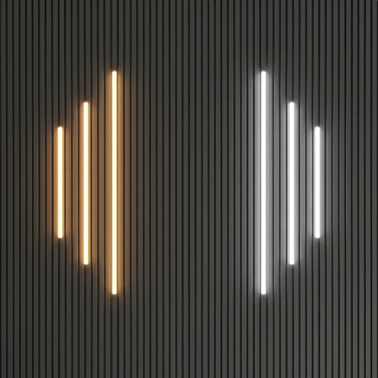 Premium ambient LED lighting kit for acoustic slat wall panels, displaying warm gold and crisp white hidden light strips illuminating vertically against a modern black wood panel feature wall.