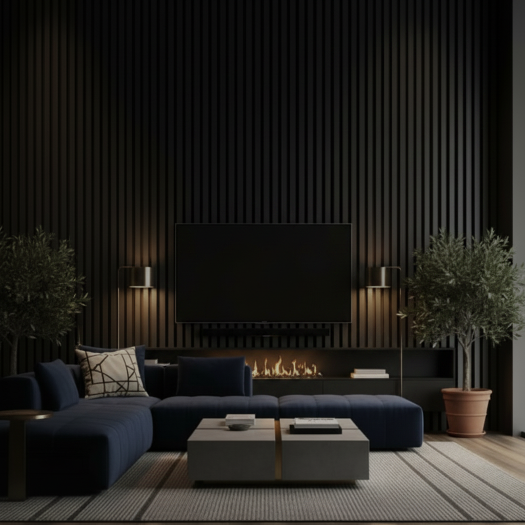 Moody and modern media wall setup featuring a full wall installation of Black acoustic slat panels behind a large TV and built-in fireplace.