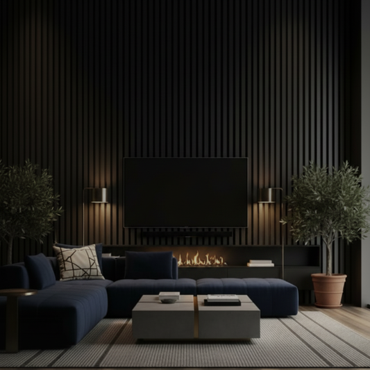 Moody and modern media wall setup featuring a full wall installation of Black acoustic slat panels behind a large TV and built-in fireplace.