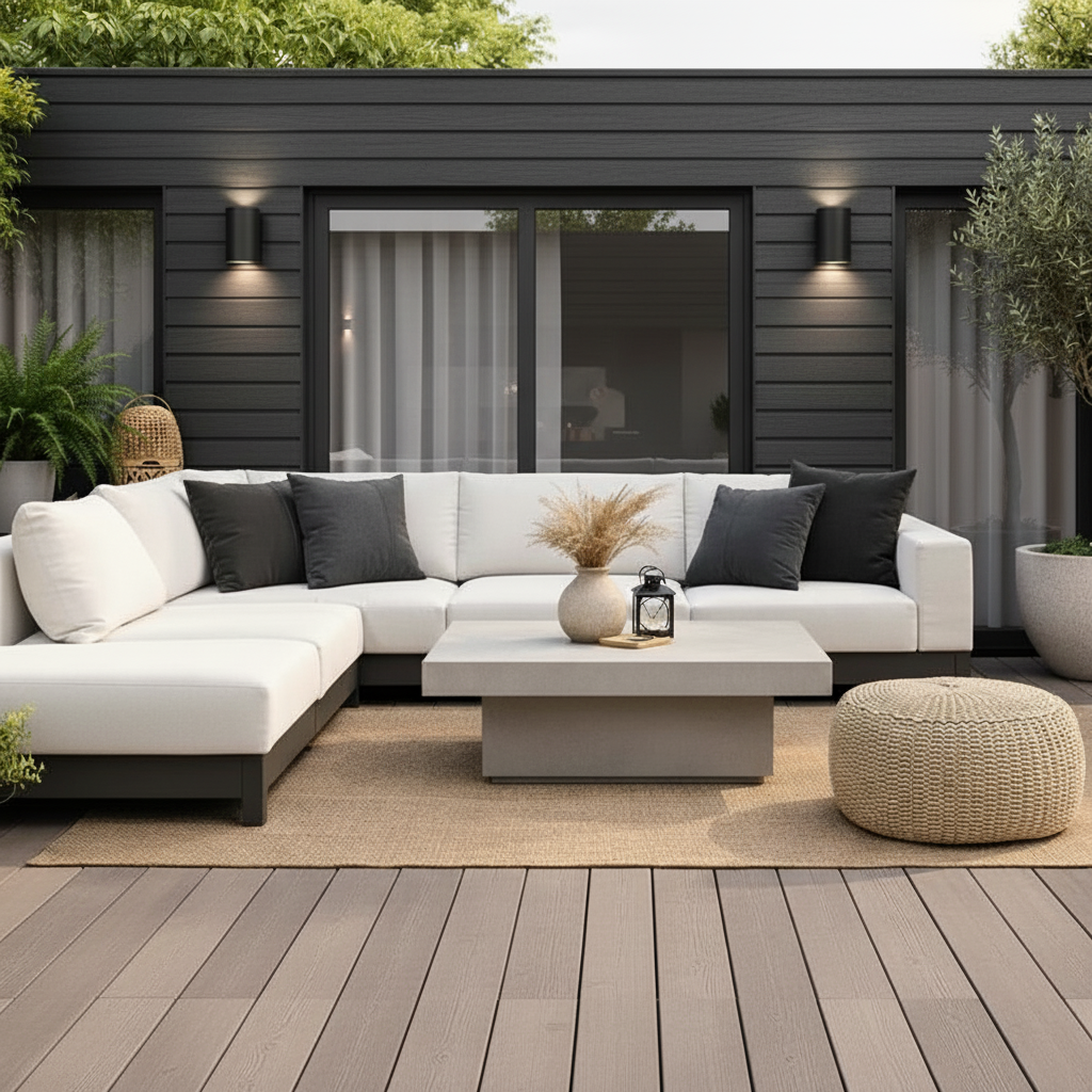 Bold Black exterior wall slats creating a sophisticated modern garden aesthetic.