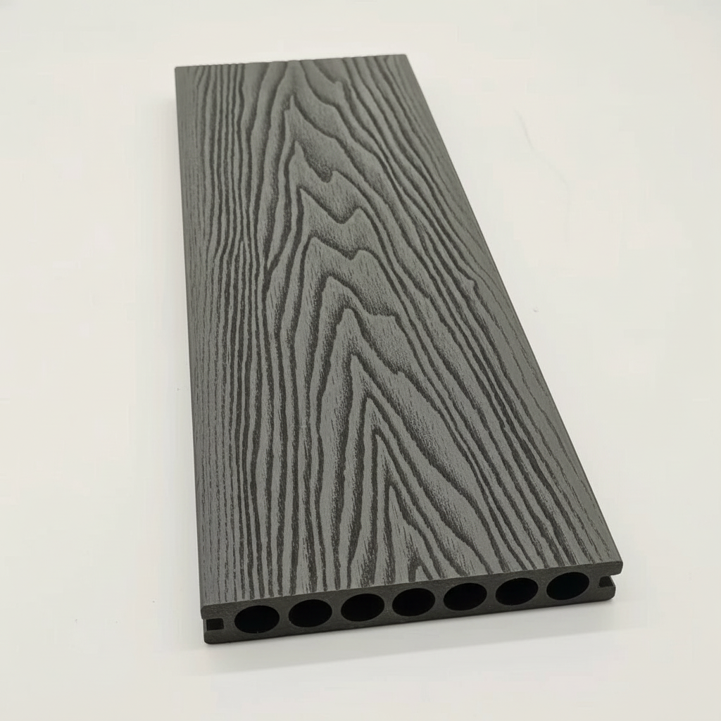 Close-up of Black WPC decking board highlighting the anti-slip surface by Churchill Panels.