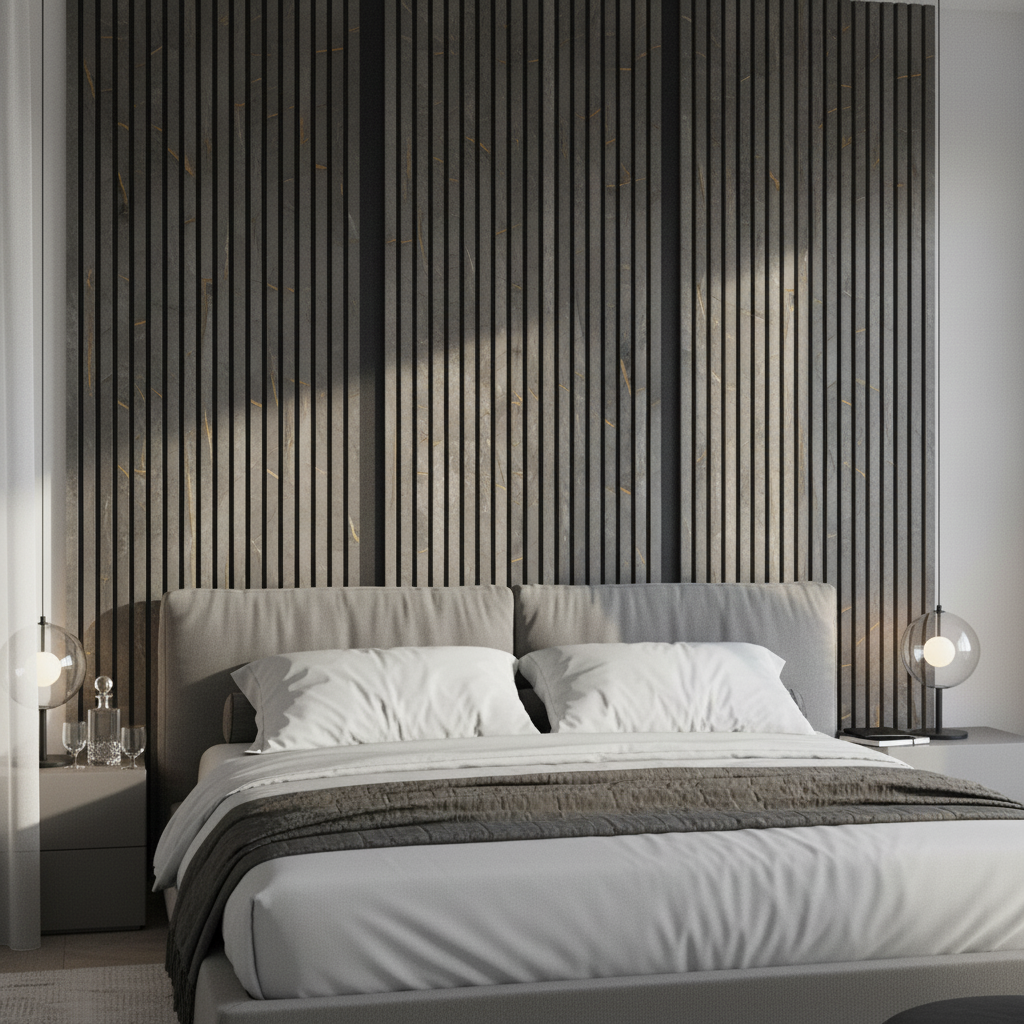 Luxury Black and Gold Marble acoustic slat wood wall panels by Churchill Panels installed as a decorative feature wall in a modern bedroom.