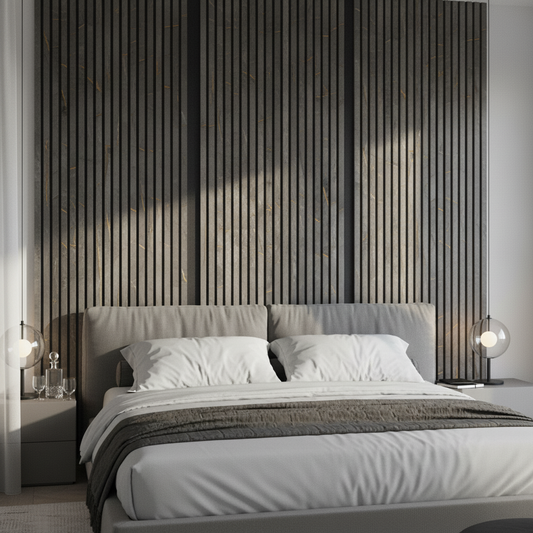 Luxury Black and Gold Marble acoustic slat wood wall panels by Churchill Panels installed as a decorative feature wall in a modern bedroom.