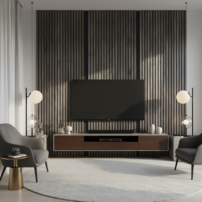 Churchill Panels Black and Gold Marble slat wood wall paneling used to create a luxury TV media wall backdrop.