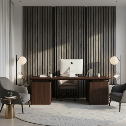 Sophisticated Black and Gold Marble acoustic panels by Churchill Panels providing a professional backdrop for a modern home office.