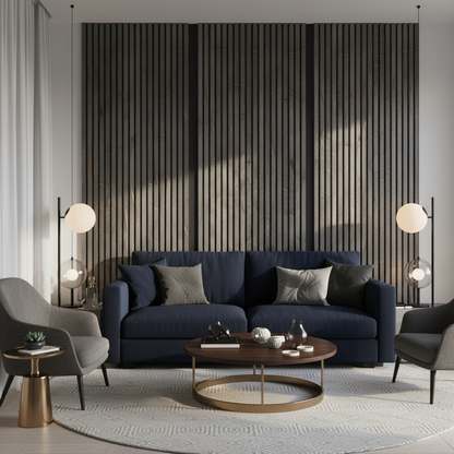 High-end Black and Gold Marble wood slat wall feature by Churchill Panels installed behind a contemporary sofa in a living room.