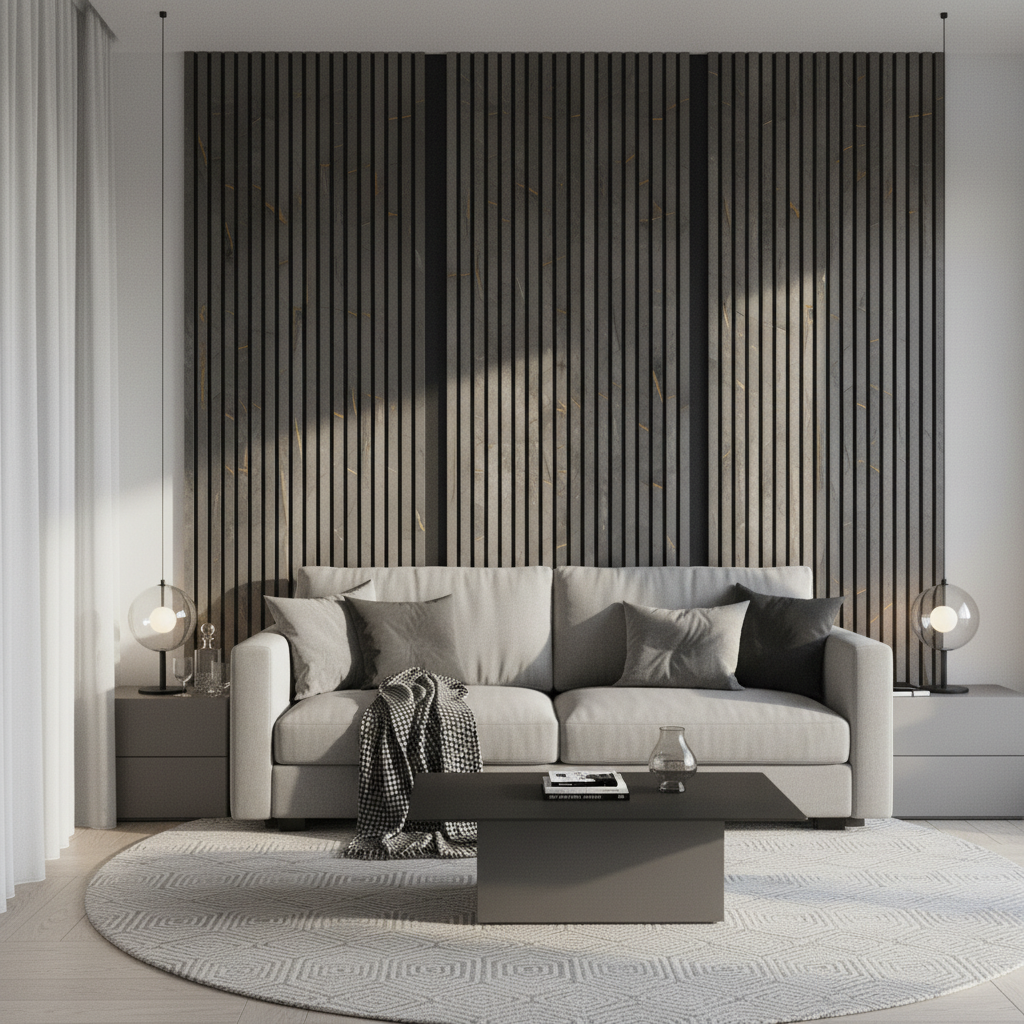 Modern interior showcasing Churchill Panels Black and Gold Marble acoustic slats as a full-height feature wall.