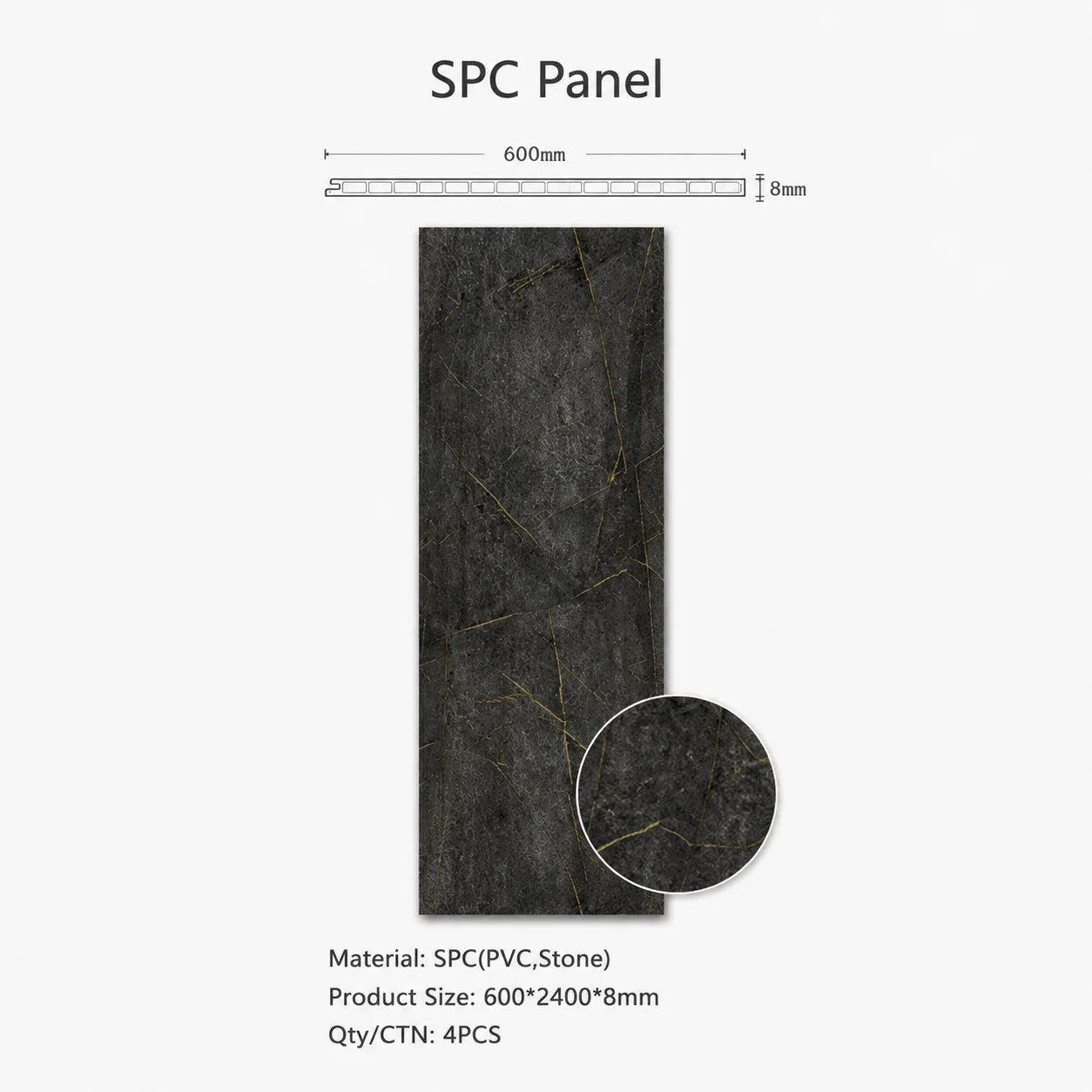 Technical specification sheet for a black marble SPC PVC wall panel, highlighting dimensions of 600 by 2400 by 8 millimeters and a 4-piece carton quantity.