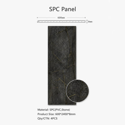 Technical specification sheet for a black marble SPC PVC wall panel, highlighting dimensions of 600 by 2400 by 8 millimeters and a 4-piece carton quantity.
