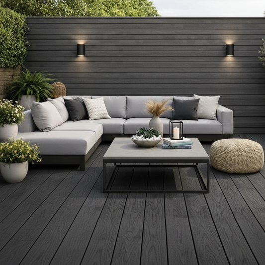 Architectural Black outdoor decking used for a high-contrast contemporary garden design by Churchill Panels.