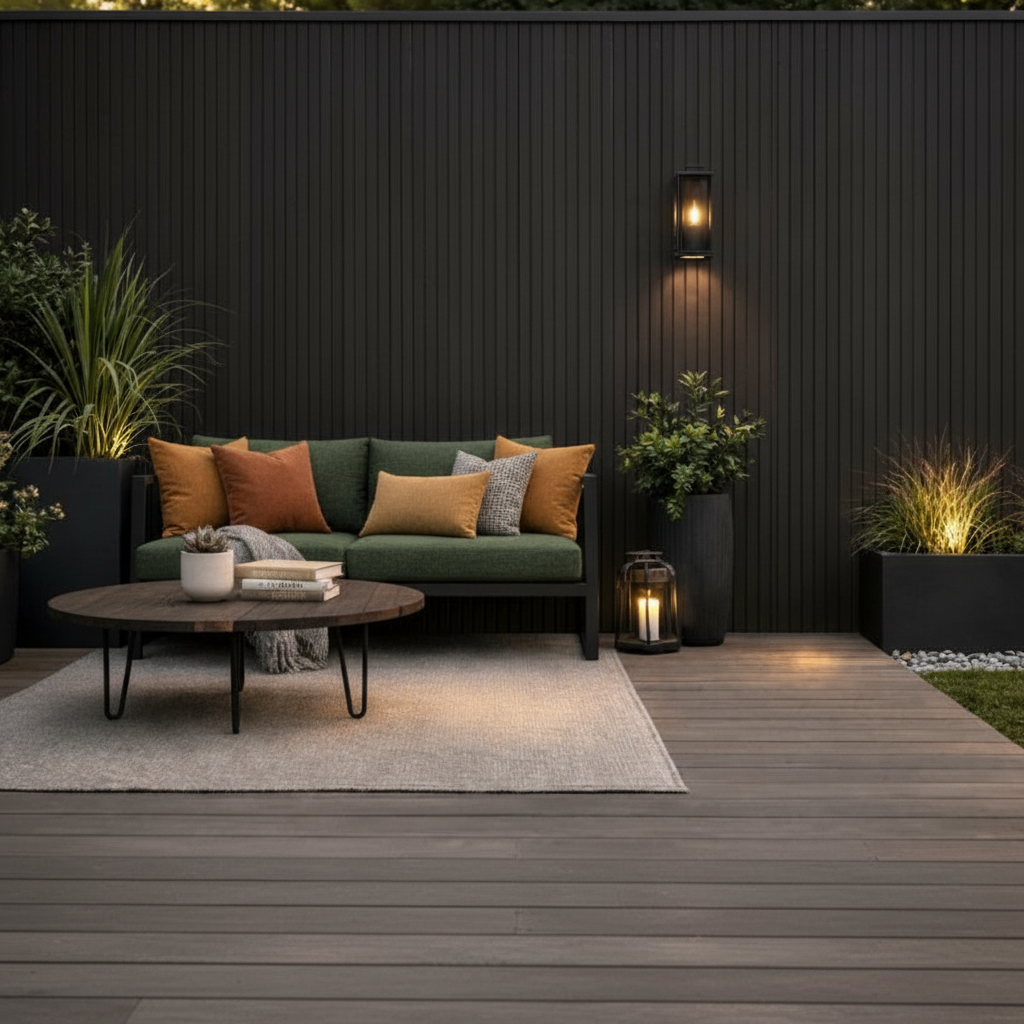 Architectural Black 240cm composite wall panels installed on a modern garden patio with ambient lighting and luxury outdoor furniture.