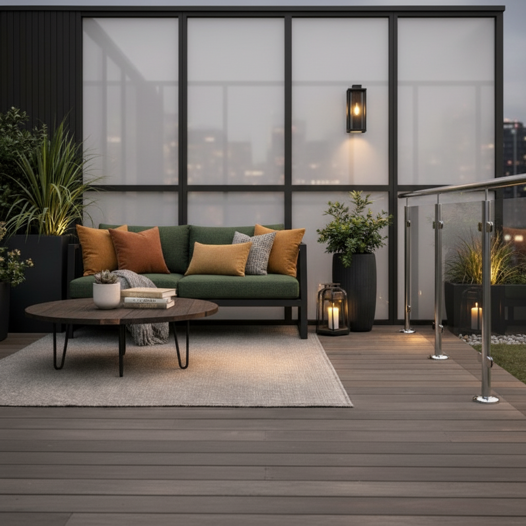 Midnight Black outdoor WPC cladding on a contemporary terrace featuring architectural up-and-down lighting.