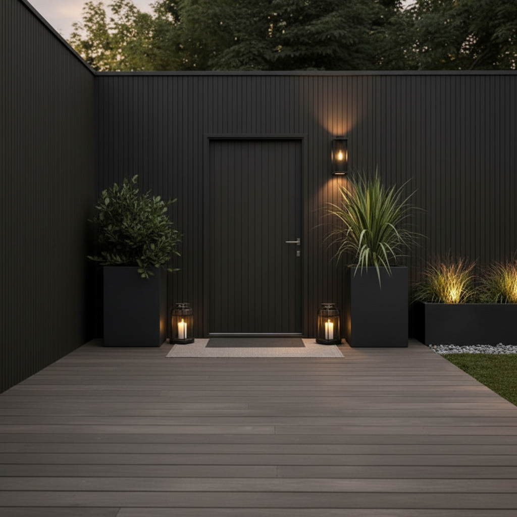 Modern Black exterior wall panels used for a seamless, high-contrast garden entrance and minimalist facade.
