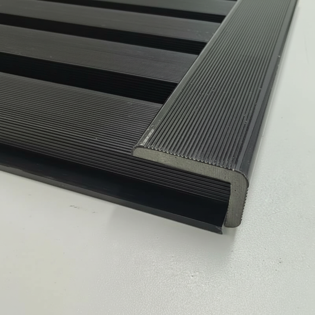 A seamless architectural finish featuring a Black trim installed on a matching horizontal slat wall, providing clean edges and professional corner protection.