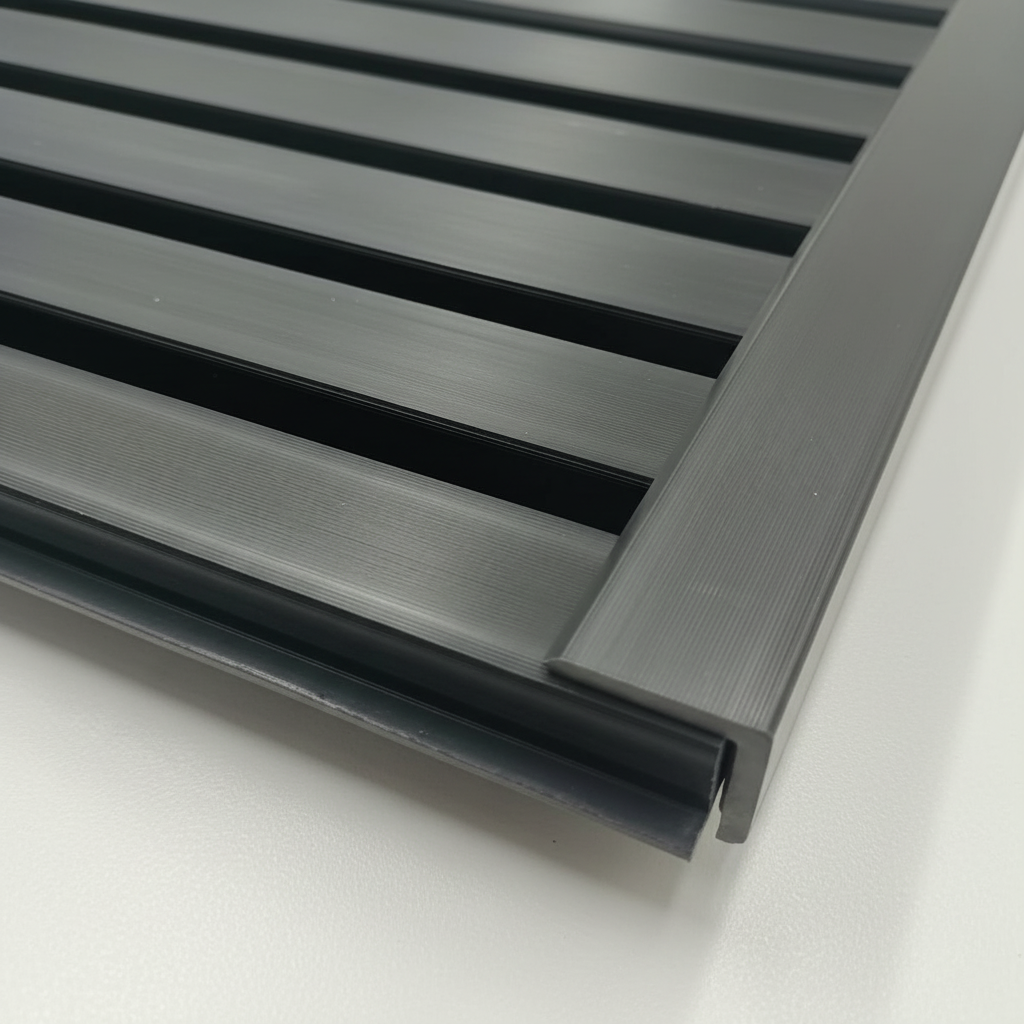 Close-up view of a black trim installed on horizontal slat wall panels for clean corner protection.