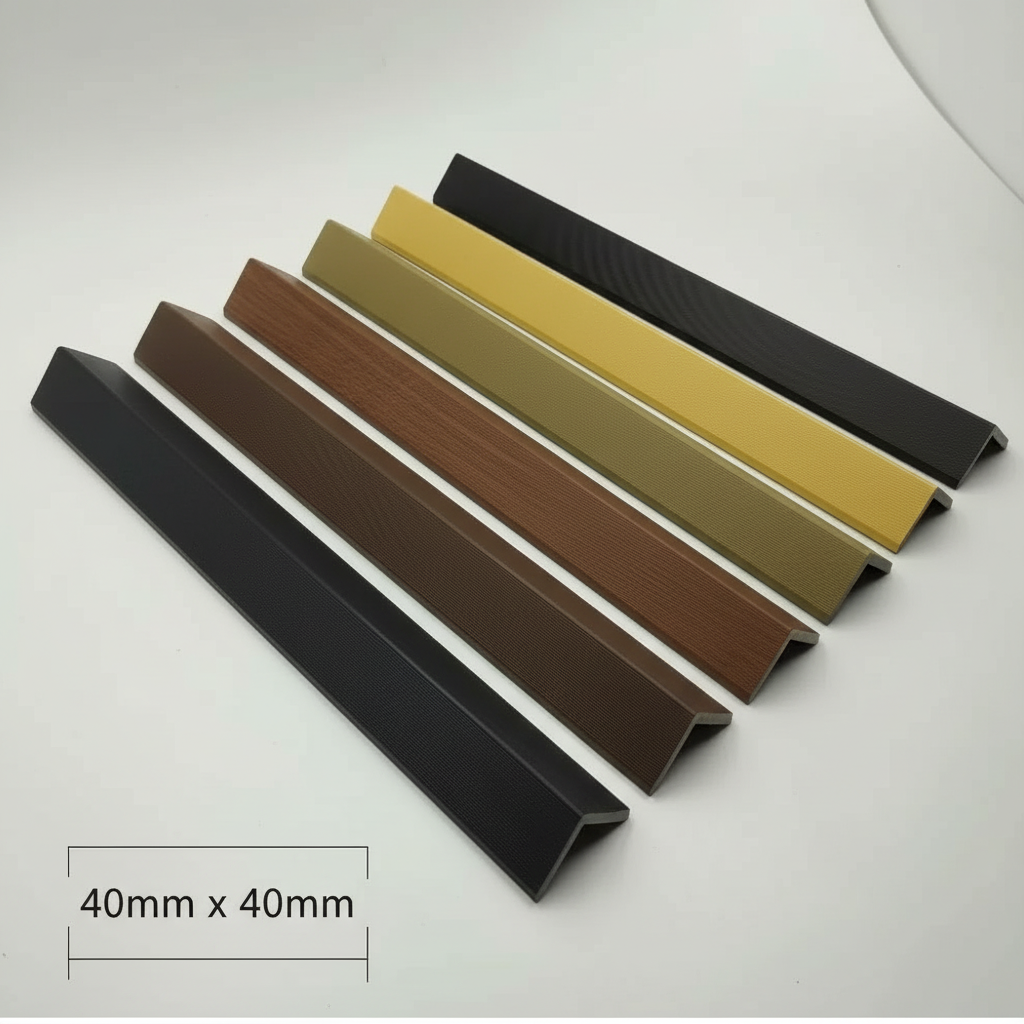 Technical dimensions for Churchill 40mm x 40mm architectural L profile trims across all available color ranges.